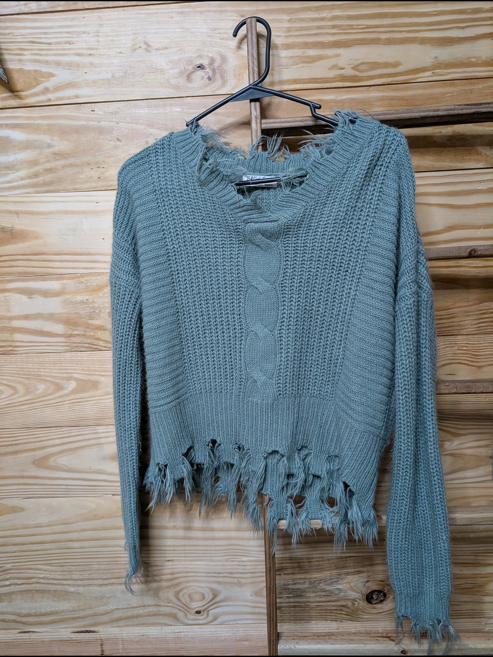 Full Circle Trends Frayed V-Neck Cable Knit Sweater in Sage Green